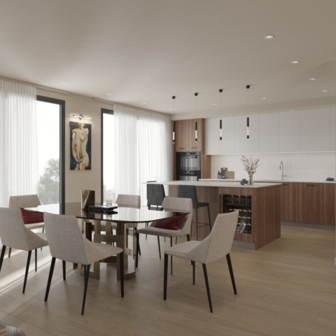 The Zivar angled view of A rendering of a kitchen island with drop down pendant lights and a table set with white chairs and red pillows with a glass/wood modern table