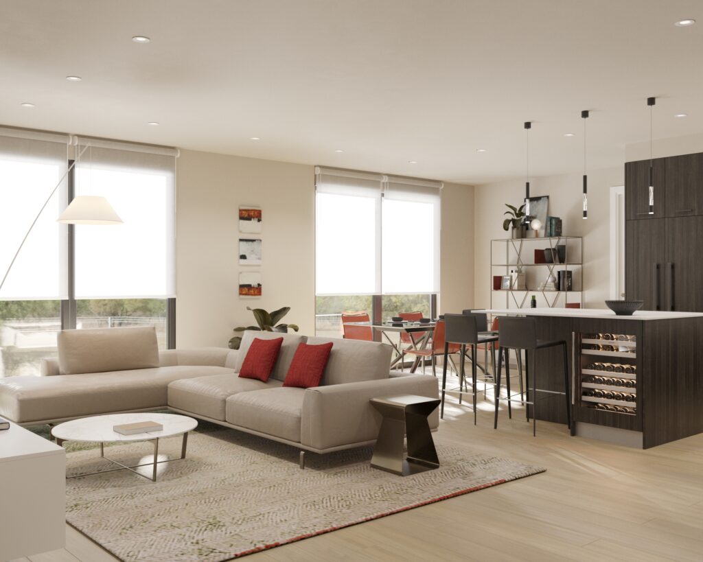 Living room with beige couch and kitchen with bar stools