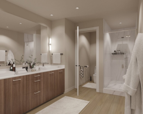 A rendering of a large bathroom with a stand up shower and double sinks