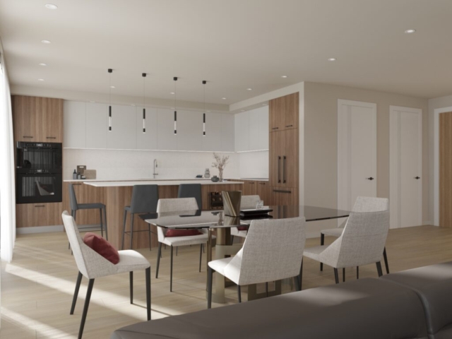 The Zivar angled view of A rendering of a kitchen island with drop down pendant lights and a table set with white chairs and red pillows with a glass/wood modern table