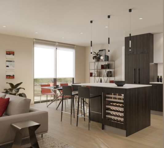 Rendering of a kitchen island with a bar fridge and parts of a couch and table with chairs on the left side of the image and showing the large patio window and outdoor furniture.