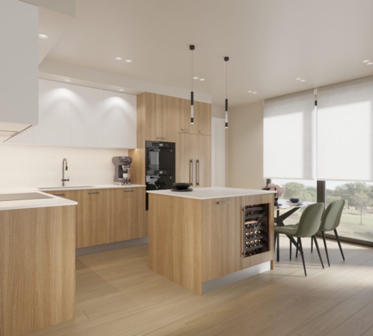 The Zivar angled view of A rendering of a kitchen island with drop down pendant lights and a table set with mint green chairs with glass/wood modern table