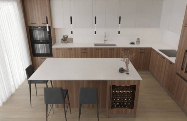 Close up of he Zivar rendering of large marble kitchen island with a carmel colored wooden base with wine fridge installed within it and drop down pendant lights from the ceiling