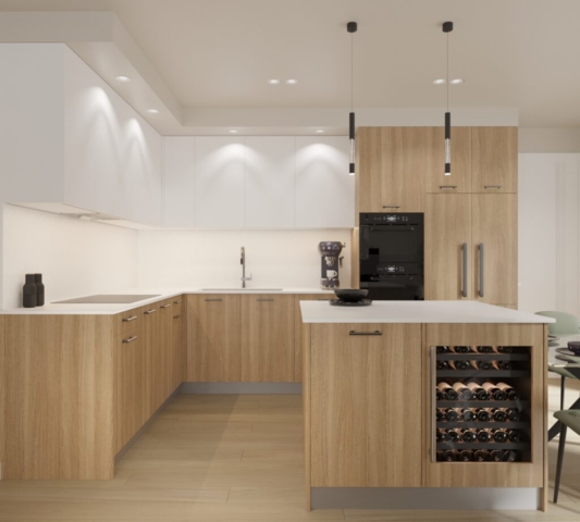 The Zivar rendering of kitchen island with drop down pendant lights and a stove and hidden fridge within cabinets