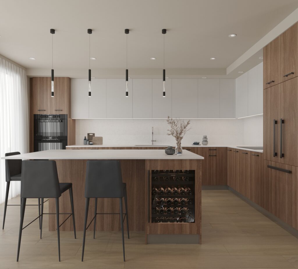 The Zivar rendering of large marble kitchen island with a carmel colored wooden base with wine fridge installed within it and drop down pendant lights from the ceiling