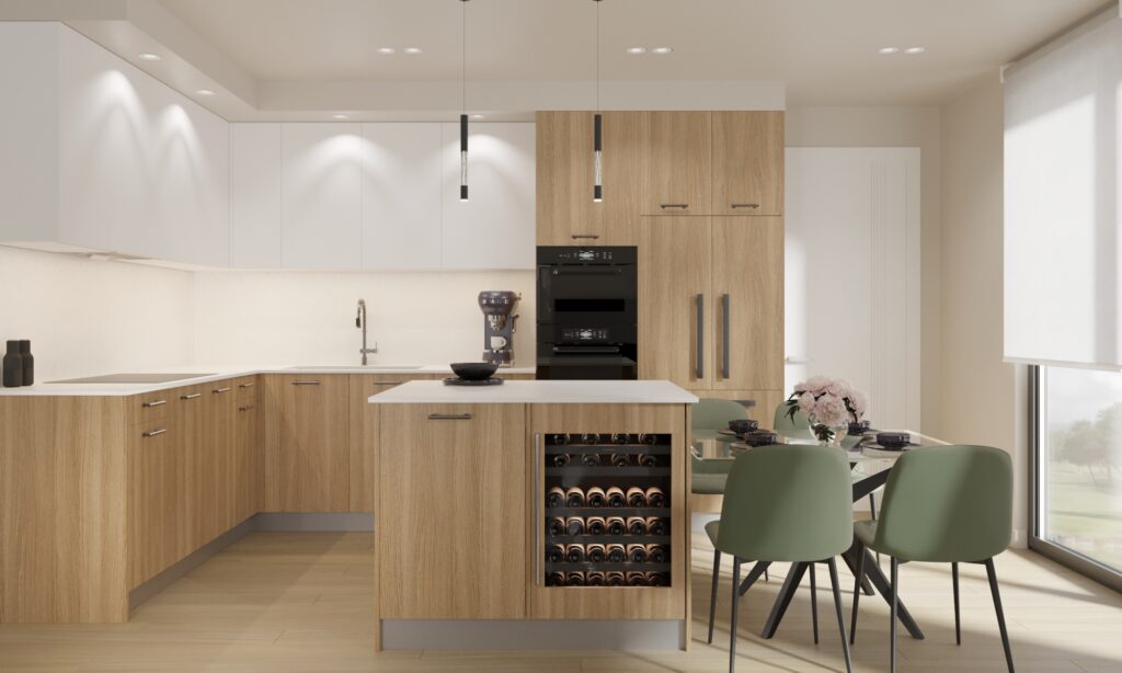 The Zivar rendering of kitchen island with drop down pendant lights and a table set with mint green chairs with glass/wood modern table