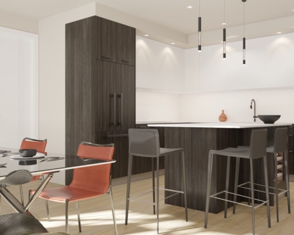 Rendering of a brown kitchen island with marble counters showing brown barstools and a modern style table with rust colored chairs