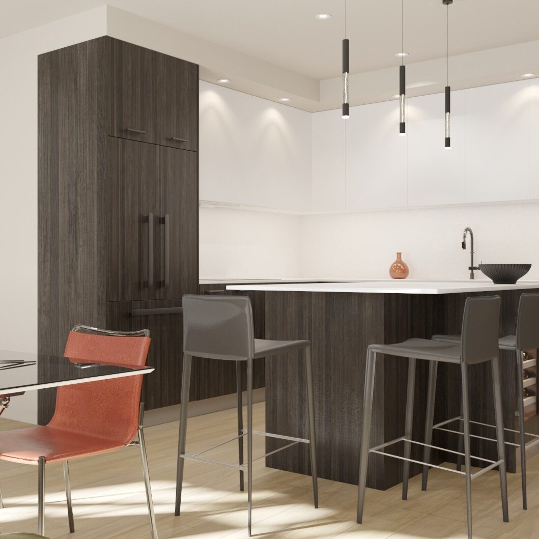 Rendering of a brown kitchen island with marble counters showing brown barstools and a modern style table with rust colored chairs