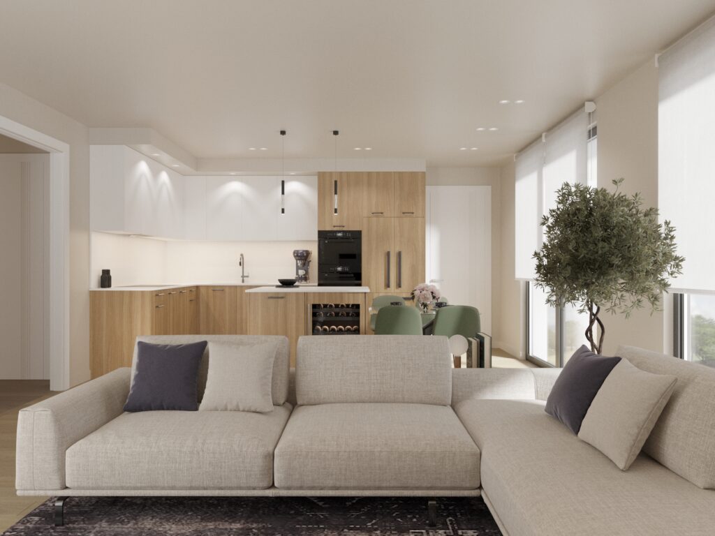 The Zivar rendering of a large light brown couch up close with a modern kitchen in the background and a tree next to open light filled windows