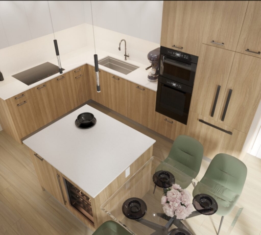 The Zivar rendering of double sinks in kitchen with oven and light brown cabinets, marbled countertops and bar fridge in kitchen island.