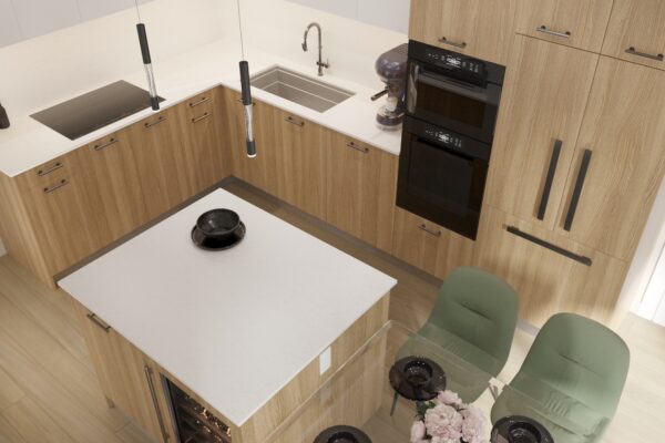 The Zivar rendering of double sinks in kitchen with oven and light brown cabinets, marbled countertops and bar fridge in kitchen island.