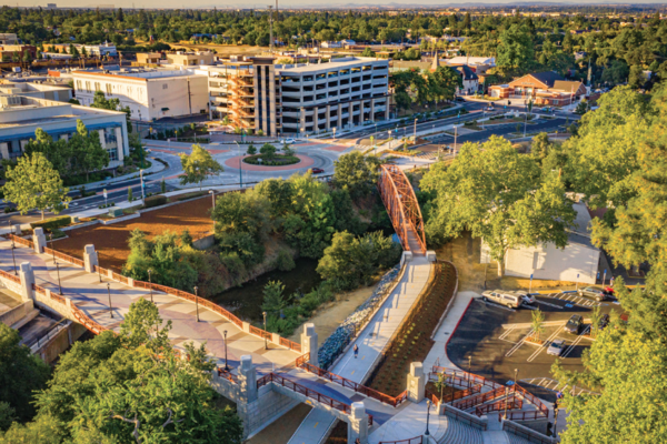 Aerial view of downtown Roseville bridges and trafic circles