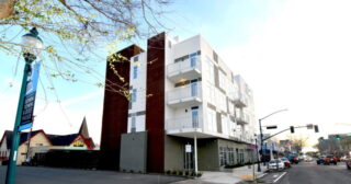 Modern apartment building in downtown Roseville, street view.