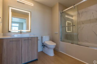 Modern bathroom with glass shower and wood vanity.