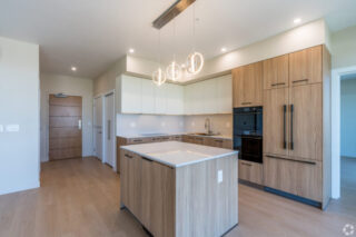 Modern kitchen with wood cabinets and island